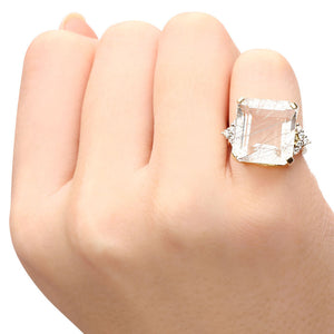 Anel em Ouro Amarelo 18k com Quartzo Rutilado Quadrado e Diamantes