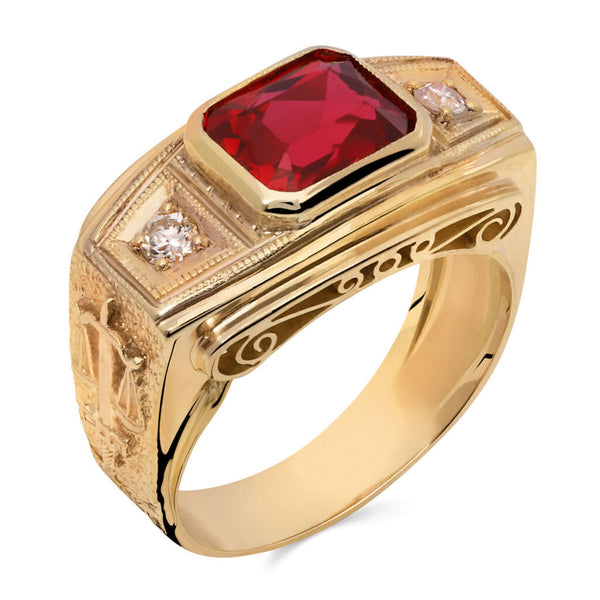 Anel em Ouro Amarelo 18k de Formatura De Direito Pedra Sintética Vermelha e Diamantes