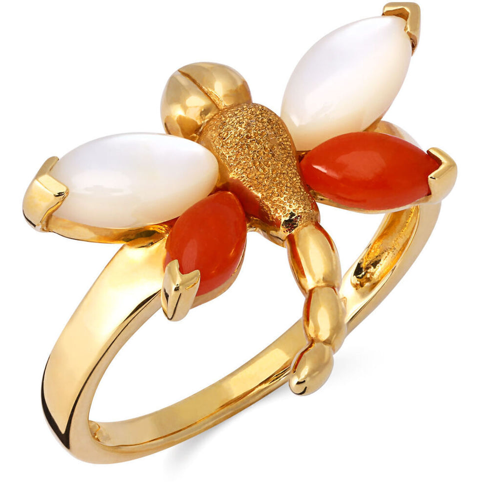 Anel em Ouro Amarelo 18k Libelula com Madre Perola e Jasper