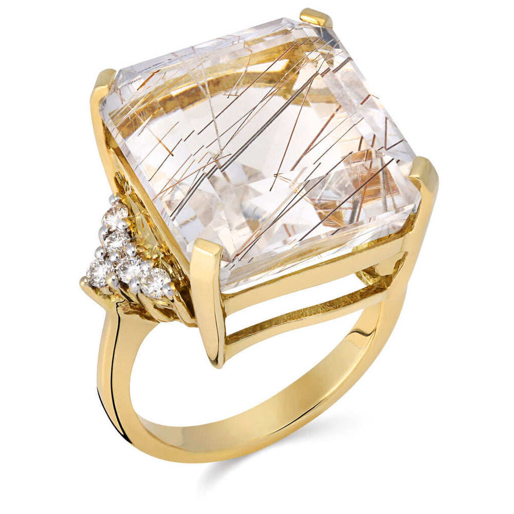 Anel em Ouro Amarelo 18k com Quartzo Rutilado Quadrado e Diamantes