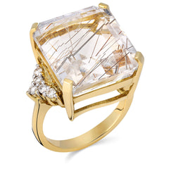 Anel em Ouro Amarelo 18k com Quartzo Rutilado Quadrado e Diamantes