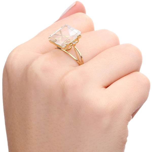 Anel em Ouro Amarelo de Cristal Quartzo Rutilado  e Diamantes