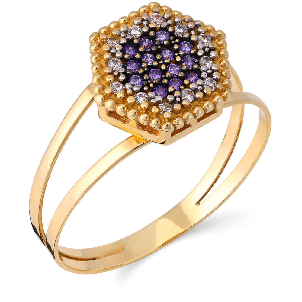 Anel em Ouro Amarelo com Zircônias Brancas e Roxas
