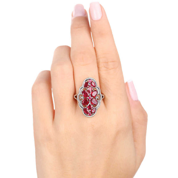 Anel de Prata 925 Floral com Rubis