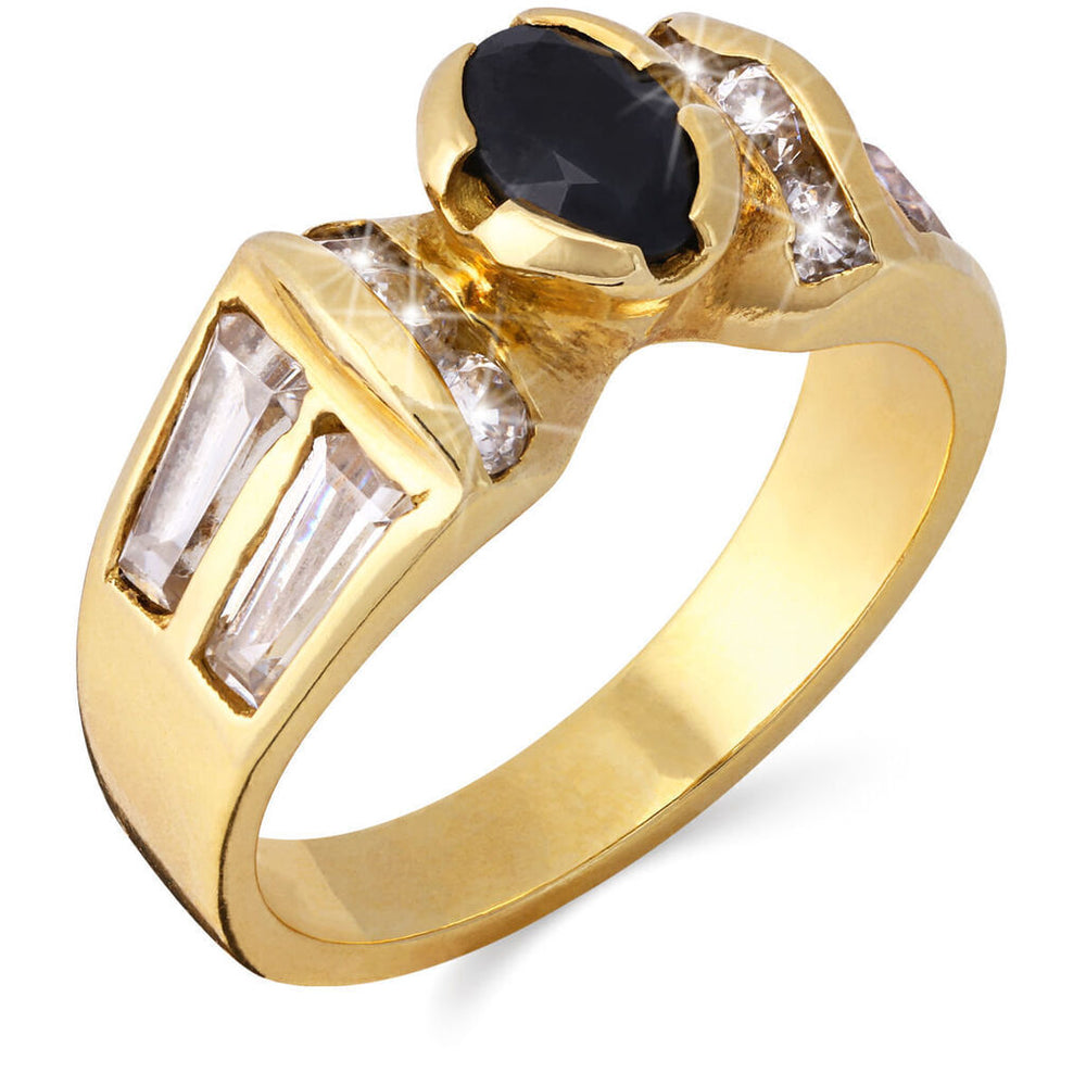 Anel em Ouro Amarelo com Zircônia Negra  e Zircônias Baguetes