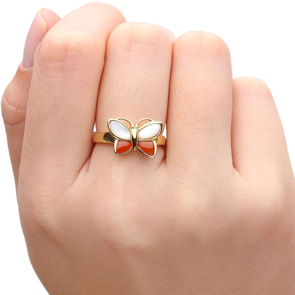 Anel em Ouro Amarelo 18k Borboletinha com Madre Perola e Jasper