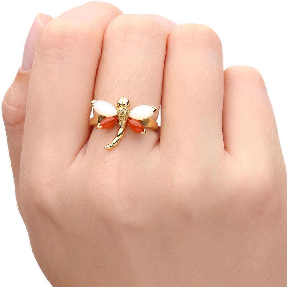 Anel em Ouro Amarelo 18k Libelula com Madre Perola e Jasper