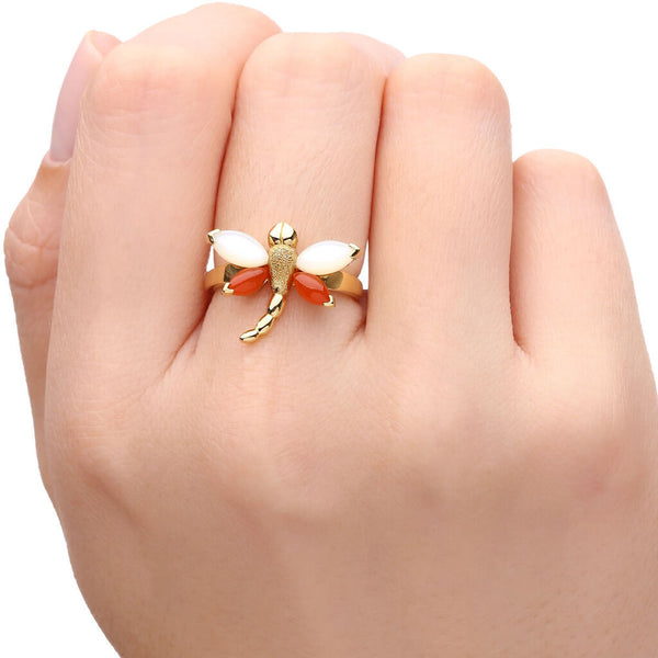 Anel em Ouro Amarelo 18k Libelula com Madre Perola e Jasper