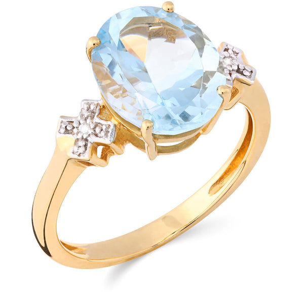 Anel em Ouro Amarelo com Água Marinha Oval e Diamantes