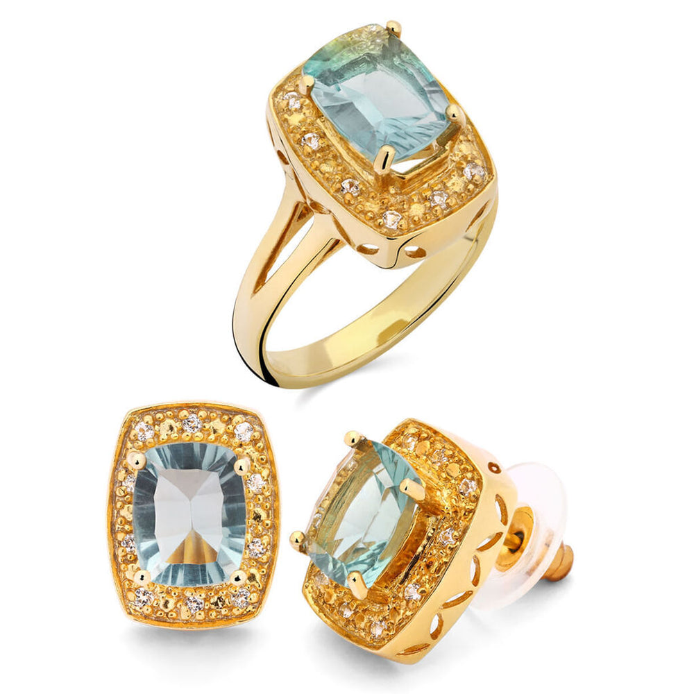 Anel e Par De Brincos em Prata 925 Fluorite  Verde Com Topázio Branco