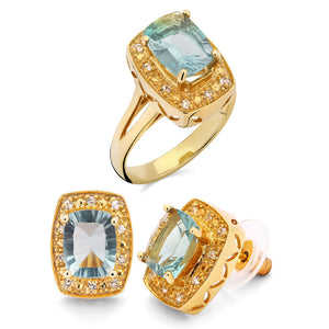 Anel e Par De Brincos em Prata 925 Fluorite  Verde Com Topázio Branco