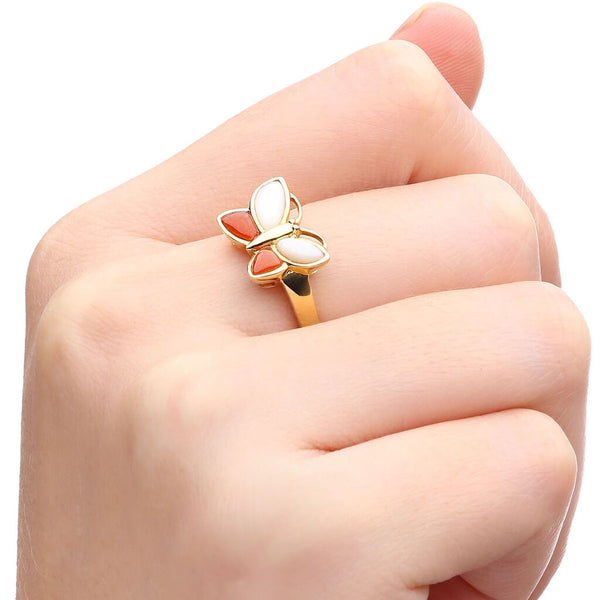 Anel em Ouro Amarelo 18k Borboletinha com Madre Perola e Jasper