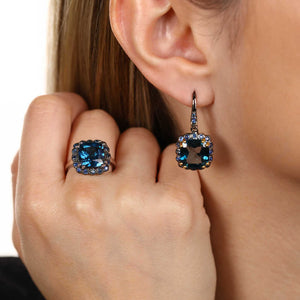Anel e Brinco Linha Premium em Prata 925 com London Blue