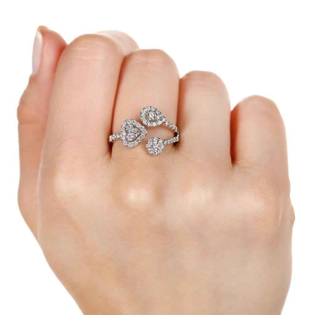 Anel de Ouro Branco 18k Coração, Gota e Circulo com Diamantes
