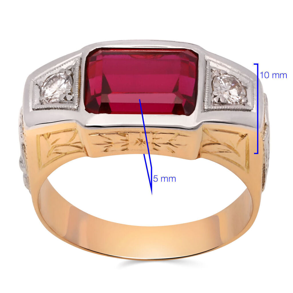 Anel em Ouro Amarelo 18k de Formatura Direito com Pedra Sintetica Vermelha e Diamantes