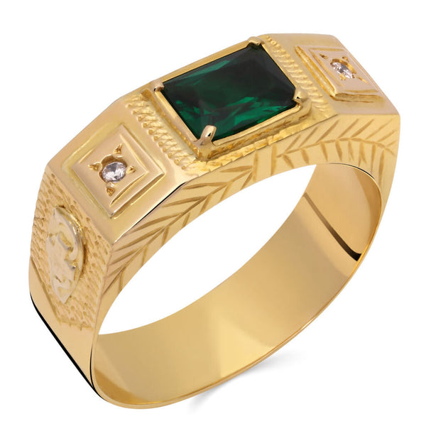 Anel em Ouro Amarelo 18k Formatura Obsidiana Esmeralda e Zircônias