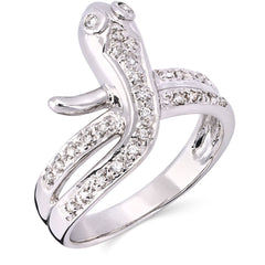 Anel de Ouro Branco Serpente com Diamantes
