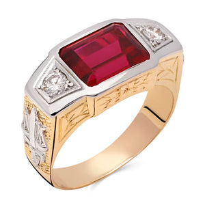 Anel em Ouro Amarelo 18k de Formatura Direito com Pedra Sintetica Vermelha e Diamantes