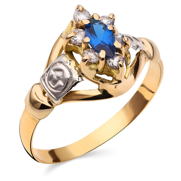 Anel em Ouro Amarelo 18k Formatura com Pedras Azul e Brancas Sinteticas