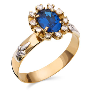 Anel em Ouro Amarelo 18k Formatura Pedras Sinteticas Azul e Brancas