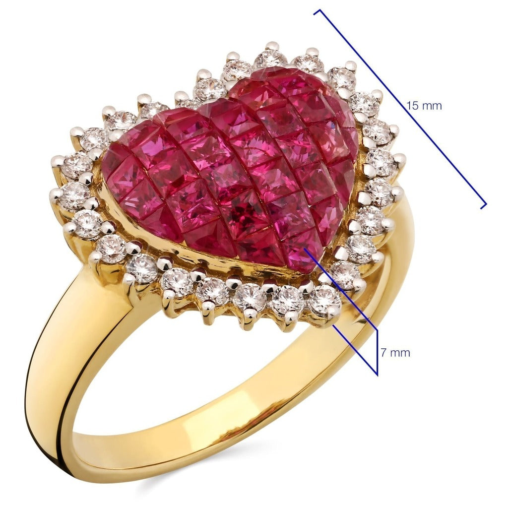 Anel em Ouro Amarelo 18k Coração Com Rubis e Diamantes