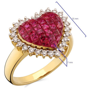 Anel em Ouro Amarelo 18k Coração Com Rubis e Diamantes