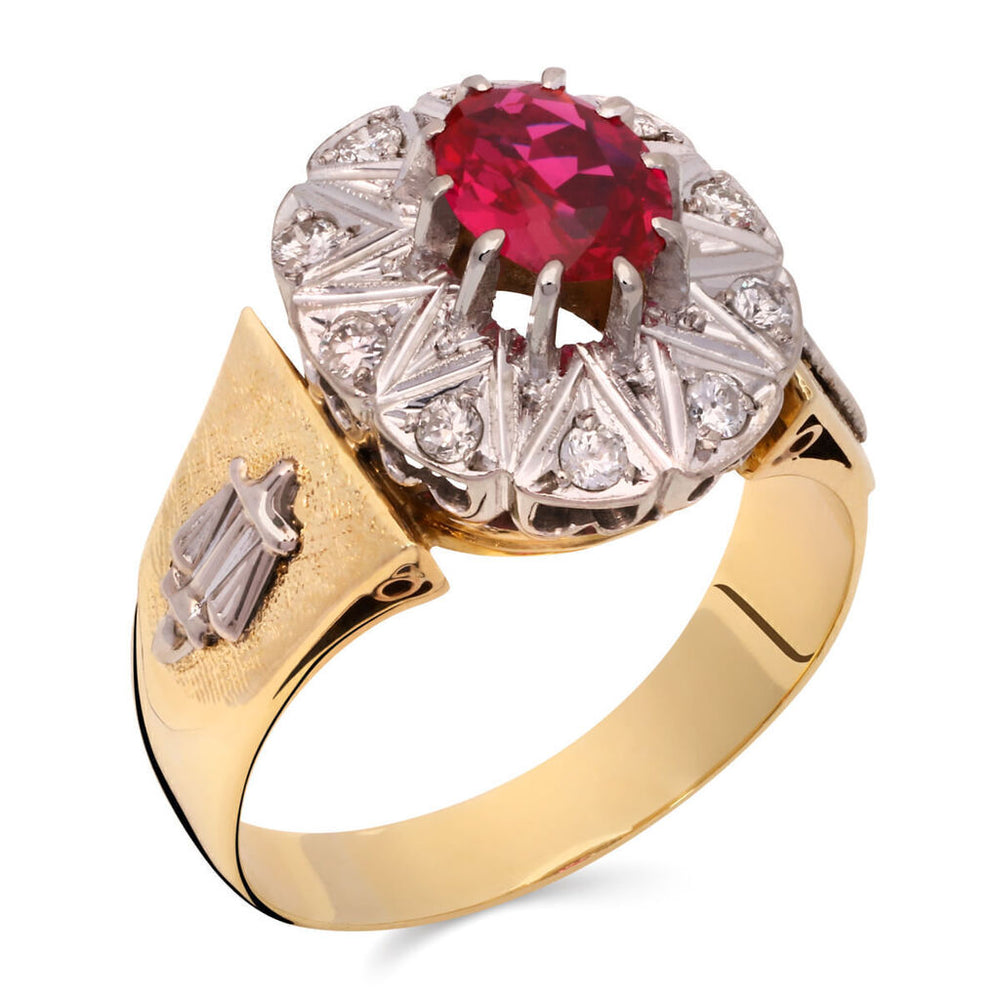 Anel em Ouro Amarelo 18k Formatura com Rubi e Diamantes