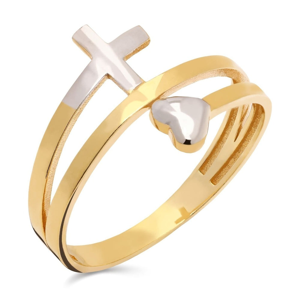 Anel em Ouro Amarelo 18k Mola Cruz e Coração