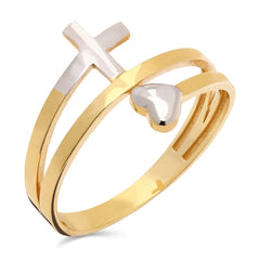 Anel em Ouro Amarelo 18k Mola Cruz e Coração