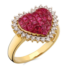 Anel em Ouro Amarelo 18k Coração Com Rubis e Diamantes