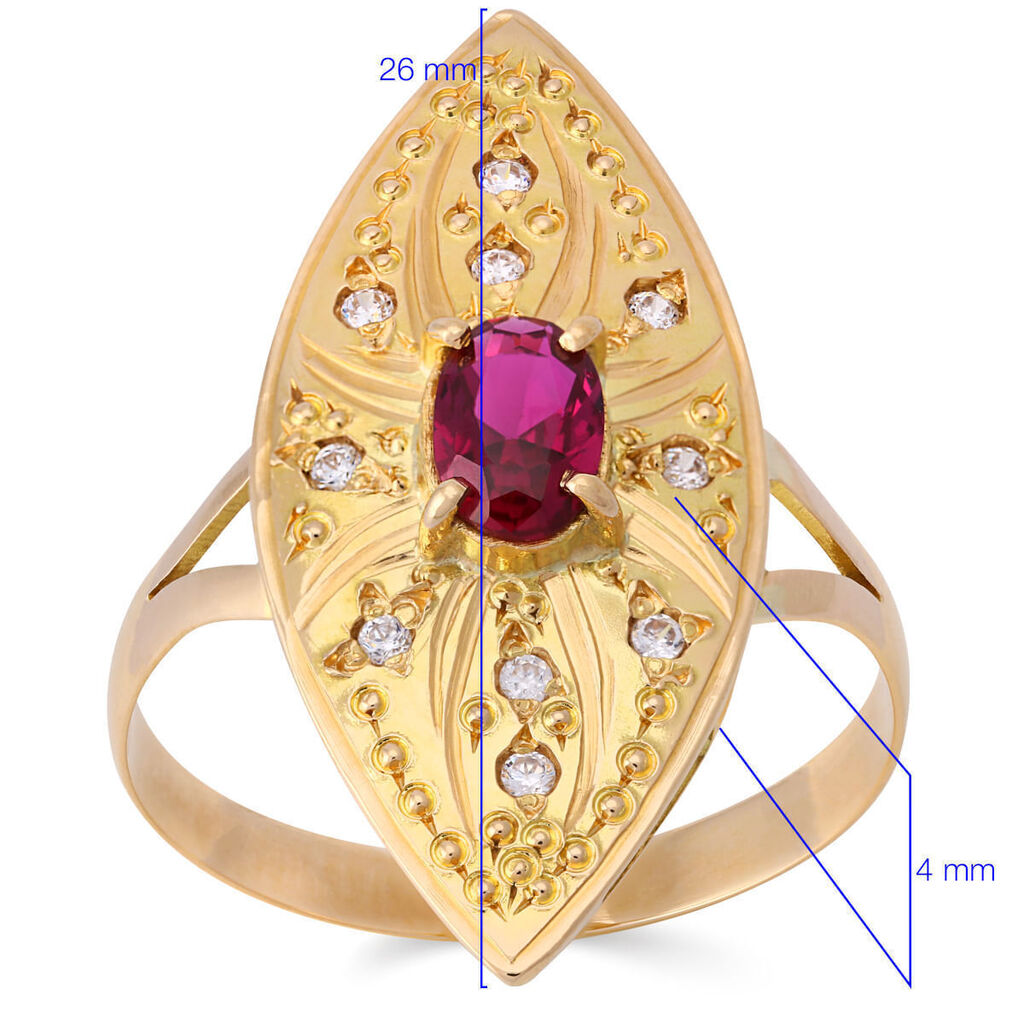 Anel em Ouro Amarelo Navete com Pedra Sintética Vermelha e Zircônias