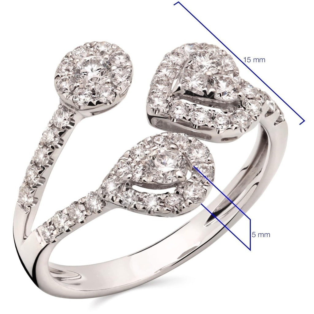 Anel de Ouro Branco 18k Coração, Gota e Circulo com Diamantes