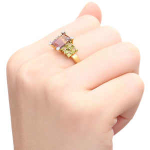 Anel em Ouro Amarelo Bicolor de Ametista e Peridotos com Diamantes