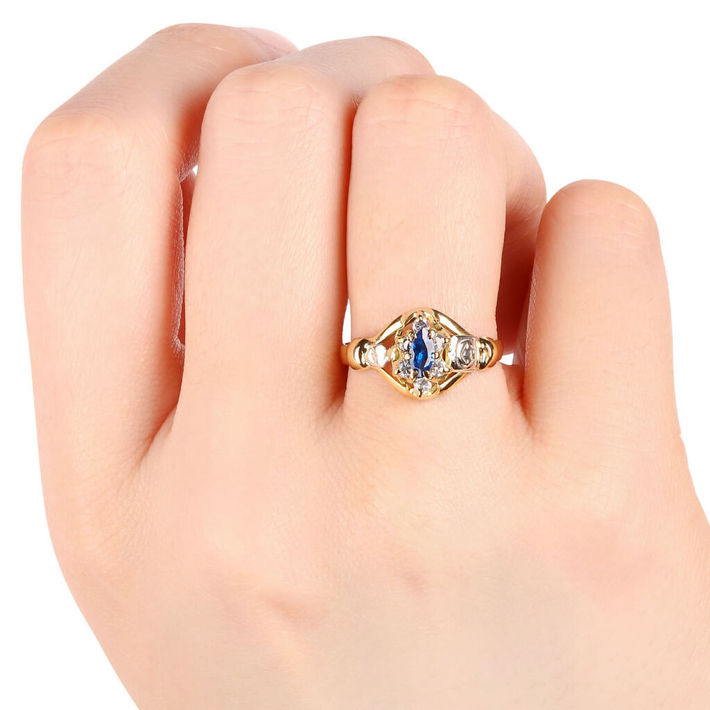 Anel em Ouro Amarelo 18k Formatura com Pedras Azul e Brancas Sinteticas