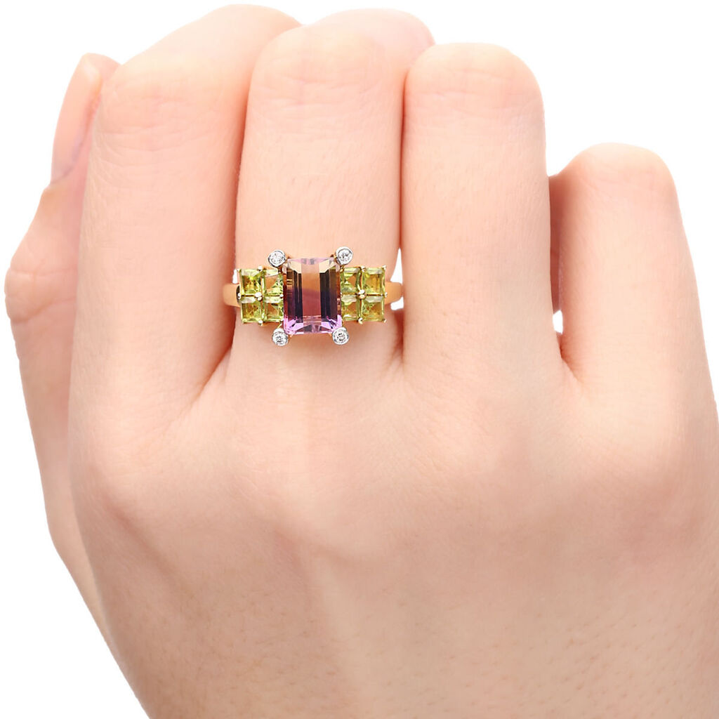Anel em Ouro Amarelo Bicolor de Ametista e Peridotos com Diamantes