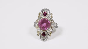 Anel de Prata com Quartzo Orchid, Rodolitas e Topazios Brancos Aprox. 5,90 cts