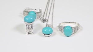 Anel, Brinco e Pingente de Prata 925 com Turquesas e 18 Diamantes