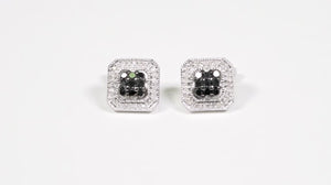 Par de Brinco em Prata 925 Losango com Diamantes Negros e Brancos 