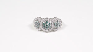 Anel em Prata 925 Florzinhas com Diamantes Azuis e Brancos